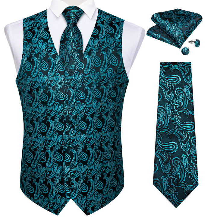 Black Turquoise Paisley Jacquard Silk casual vest mens