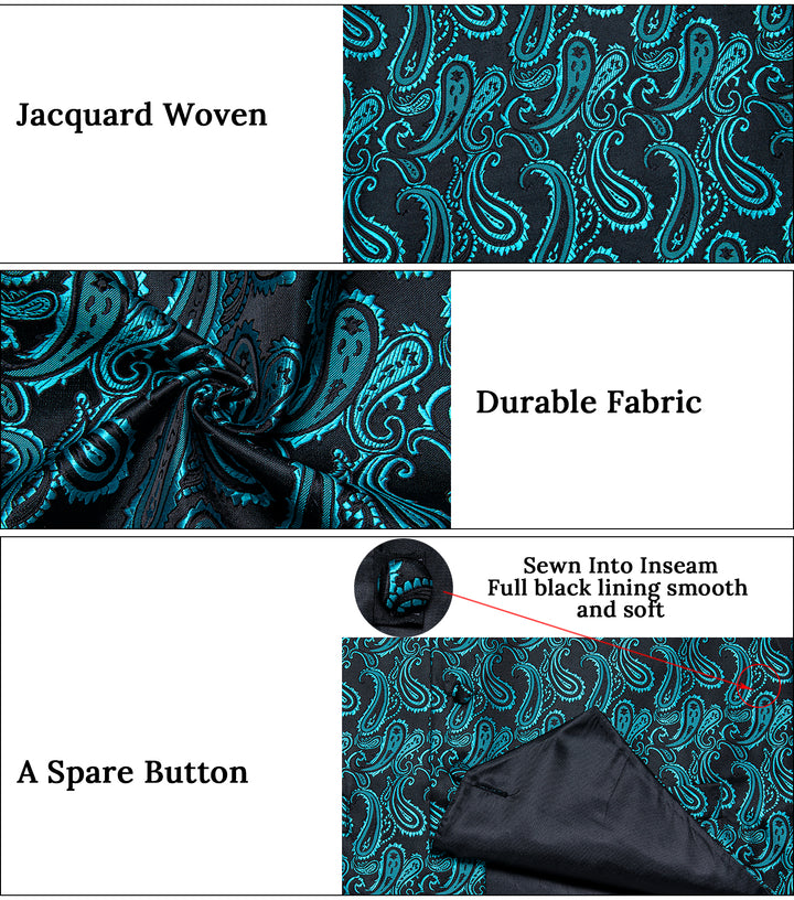 Black Turquoise Paisley Jacquard Silk vest for office