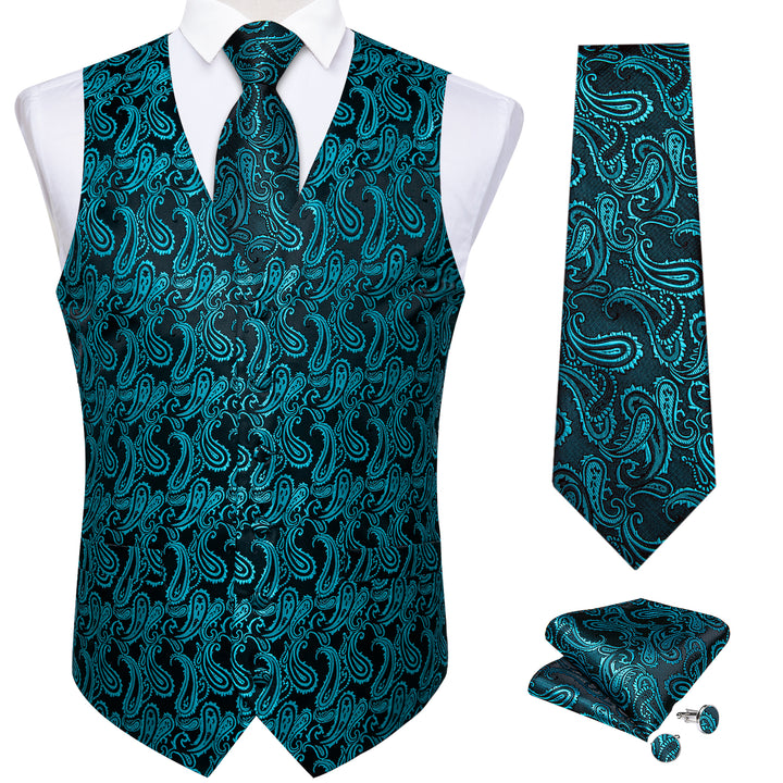 Black Turquoise Paisley Jacquard Silk men vest fashion