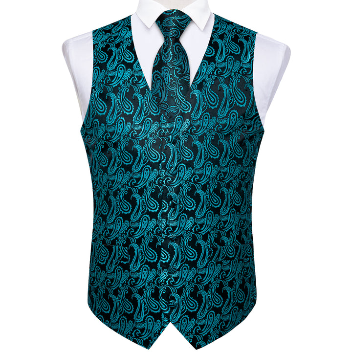  Black Turquoise Paisley Jacquard Silk mens vest for weddings