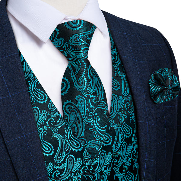 Luxury Black Turquoise Paisley Jacquard Silk Men's Vest Hanky Cufflinks Tie Set Waistcoat Suit Set