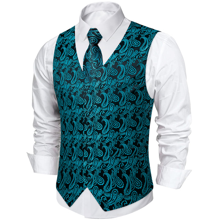 Black Turquoise Paisley Jacquard Silk office vest mens