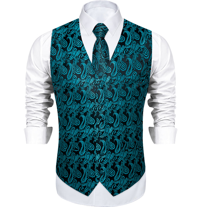 Black Turquoise Paisley Jacquard Silk vest mens fashion