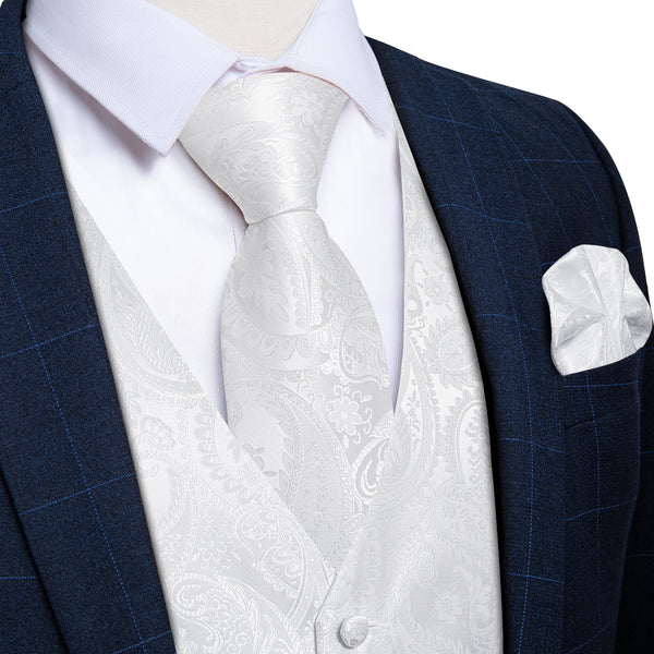 classic plaid navy blue black suit with white vest of off-white paisley silk mens dress suit vest tie pocket square cufflinks set