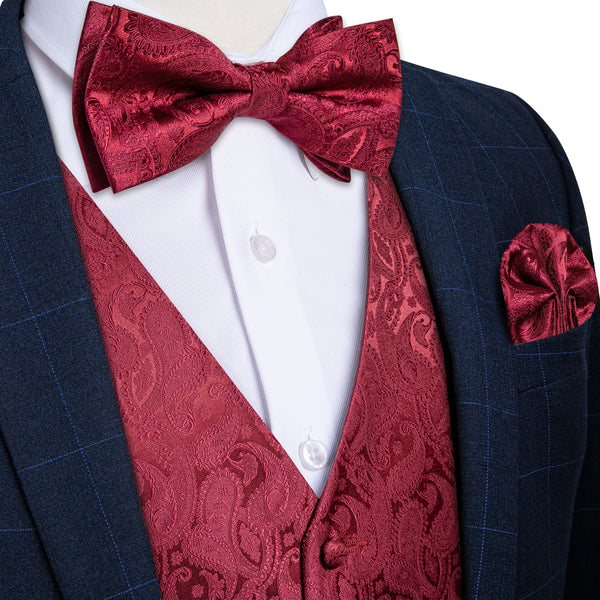 mens fashion wedding design Burgundy Red paisley neck suit vests bow tie pocket square cufflinks set