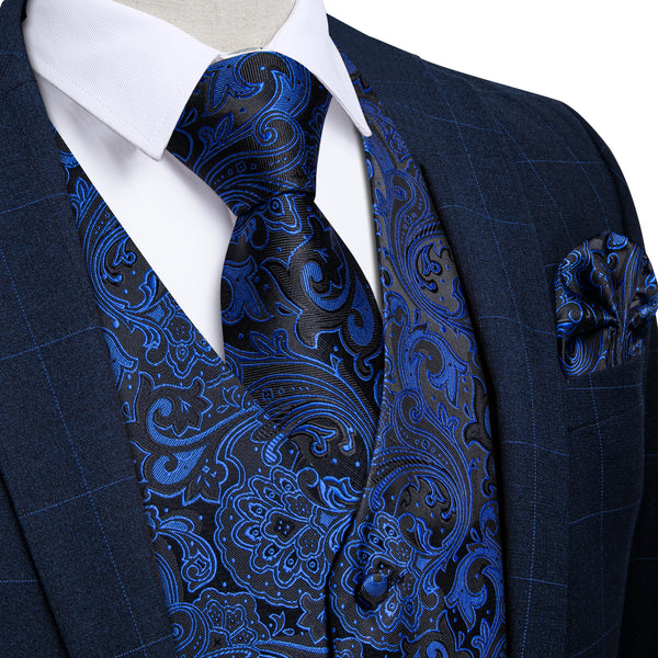 Blue Navy Black Paisley Silk Men's Vest Hanky Cufflinks Tie Set
