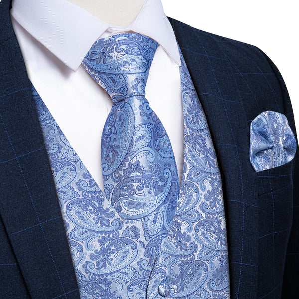 Ties2you Baby Blue Paisley Silk Men's Vest Hanky Cufflinks Tie Set