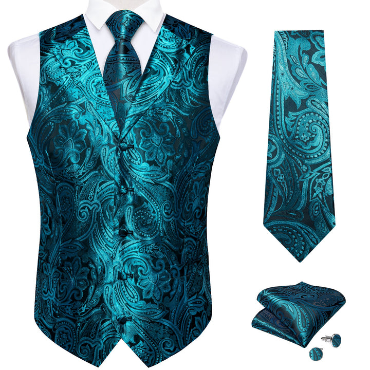 Ties2you Tuxedo Vest Teal Blue Paisley Mens Notched Collar Vest