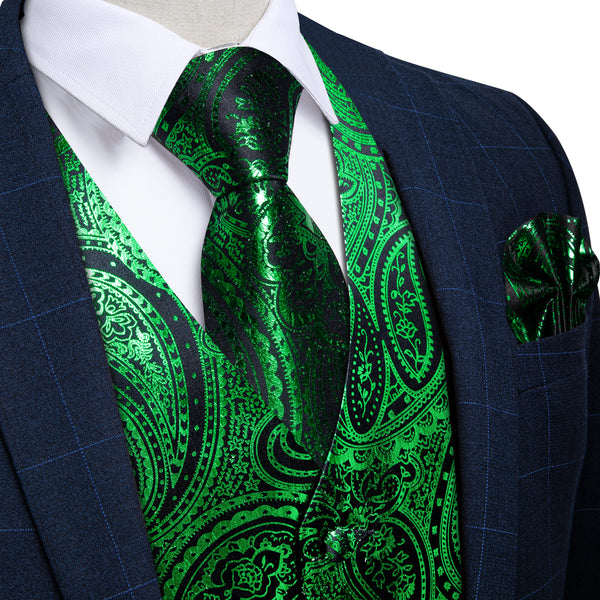 Green Black Paisley Silk Men's Vest Handkerchief Cufflinks Tie Set