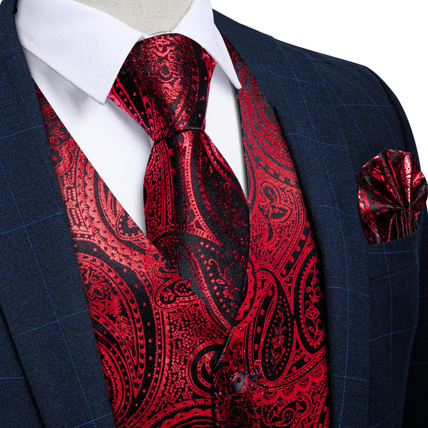 Red Paisley Silk Men's Vest Hanky Cufflinks Tie Set