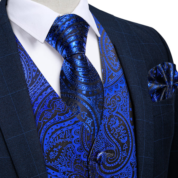Sapphirine Blue Paisley Silk Men's Vest Hanky Cufflinks Tie Set