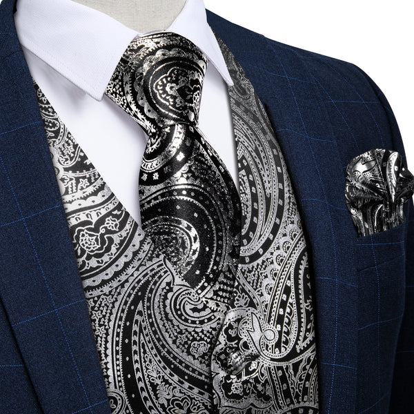 Grey Black Paisley Silk Men's Vest Hanky Cufflinks Tie Set