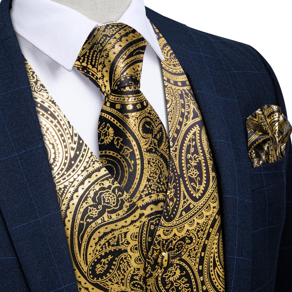 Gold Black Paisley Hot Stamping Silk Men's Vest Hanky Cufflinks Tie Set