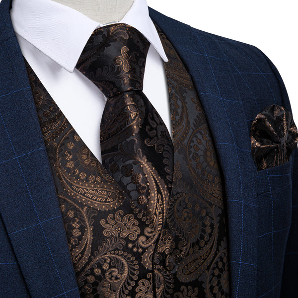 Dark Brown Paisley Silk Men's Vest Hanky Cufflinks Tie Set