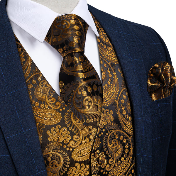Gold Black Paisley Silk Men's Vest Hanky Cufflinks Tie Set