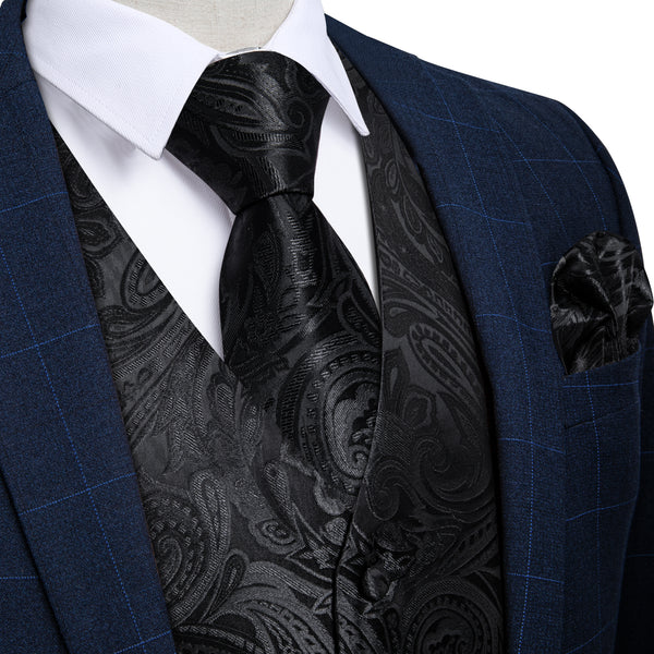 Black Paisley Flower Silk Men's Vest Hanky Cufflinks Tie Set