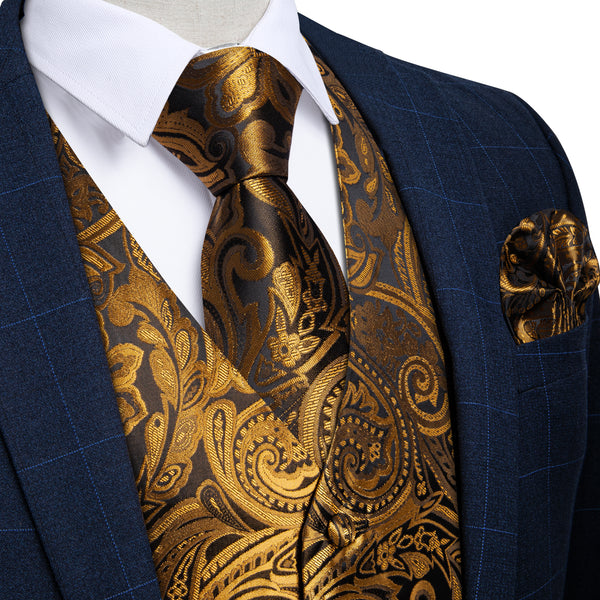 Gold Brown Paisley Flower Silk Men's Vest Hanky Cufflinks Tie Set
