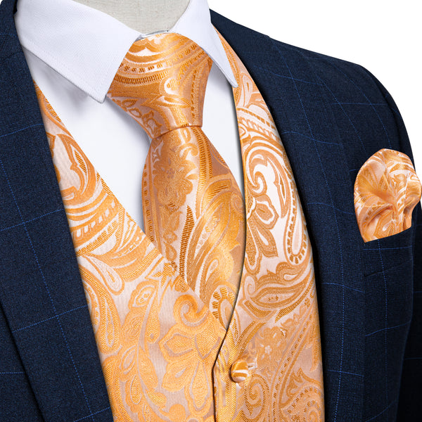 Orange Paisley Flower Silk Men's Vest Hanky Cufflinks Tie Set