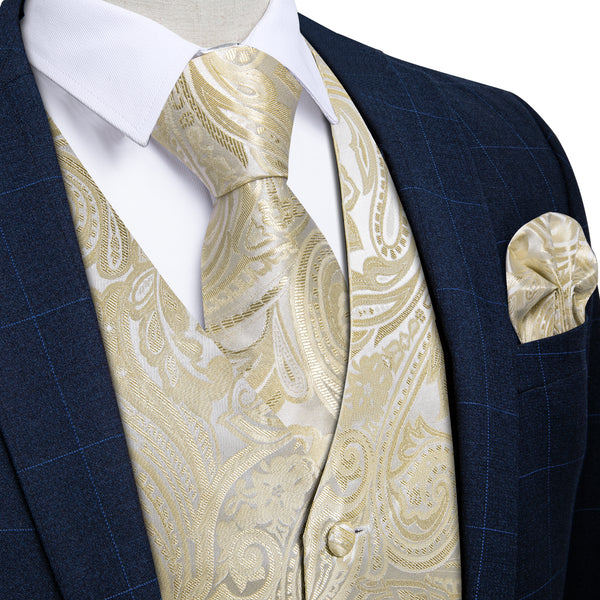 Beige Paisley Flower Silk Men's Vest Hanky Cufflinks Tie Set