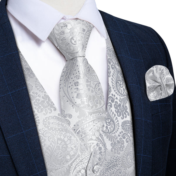 Silver Paisley Jacquard Silk Men's Vest Hanky Cufflinks Tie Set