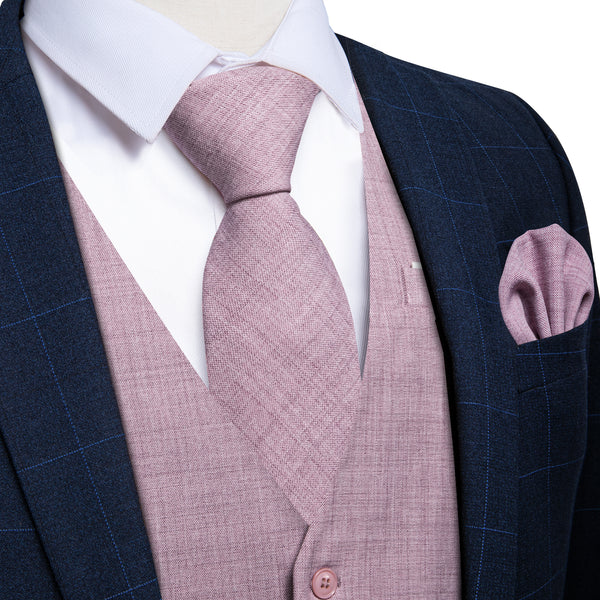 Plum Pink Plaid Jacquard Men's Vest Hanky Cufflinks Tie Set