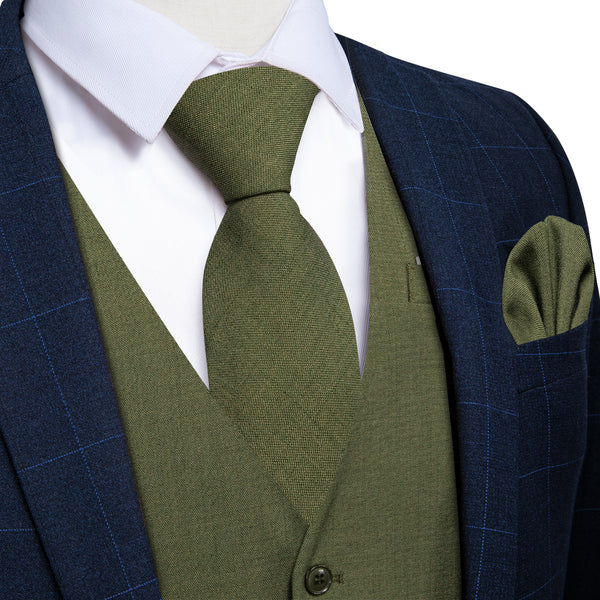 OliveDrab Plaid Jacquard Men's Vest Hanky Cufflinks Tie Set