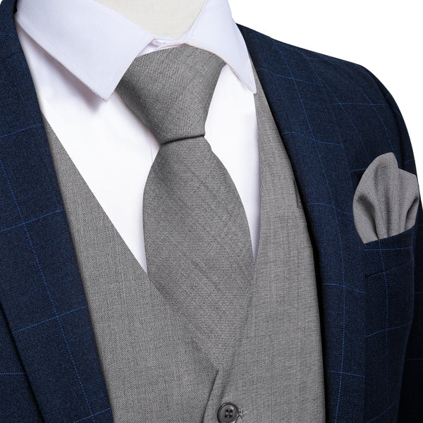 Slive Grey Solid Jacquard Men's Vest Hanky Cufflinks Tie Set