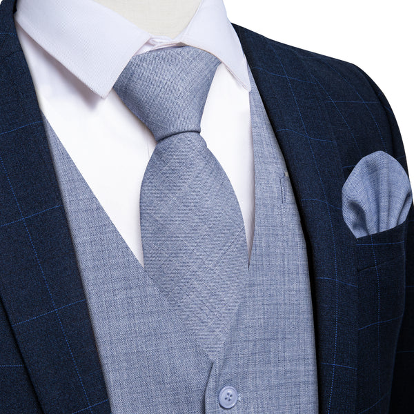 SteelBlue Solid Jacquard Men's Vest Hanky Cufflinks Tie Set