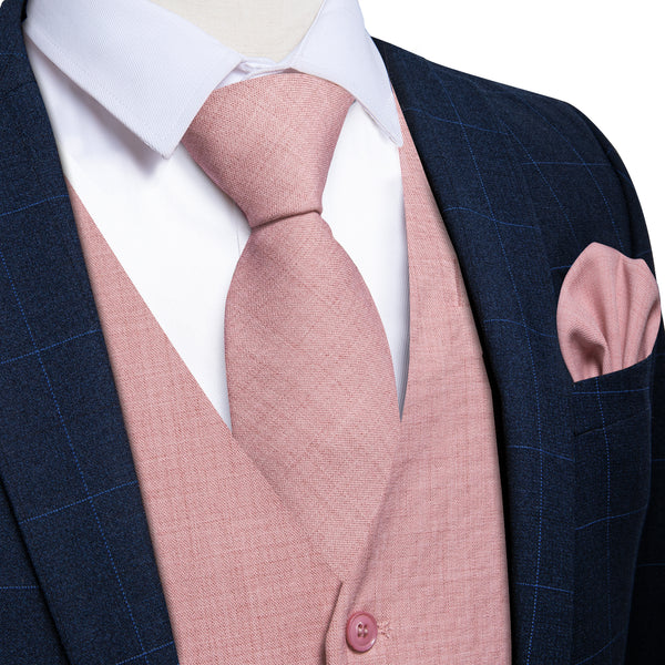 LightPink Solid Jacquard Men's Vest Hanky Cufflinks Tie Set