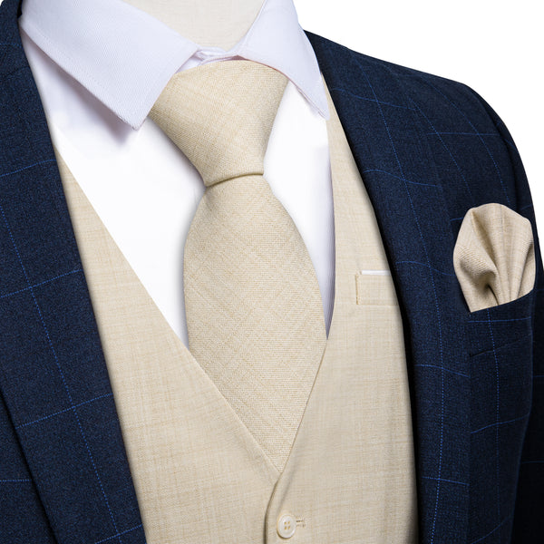 LemonChiffon Solid Jacquard Men's Vest Hanky Cufflinks Tie Set