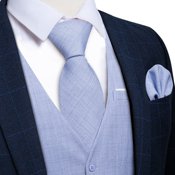 LightBLue Solid Jacquard Men's Vest Hanky Cufflinks Tie Set