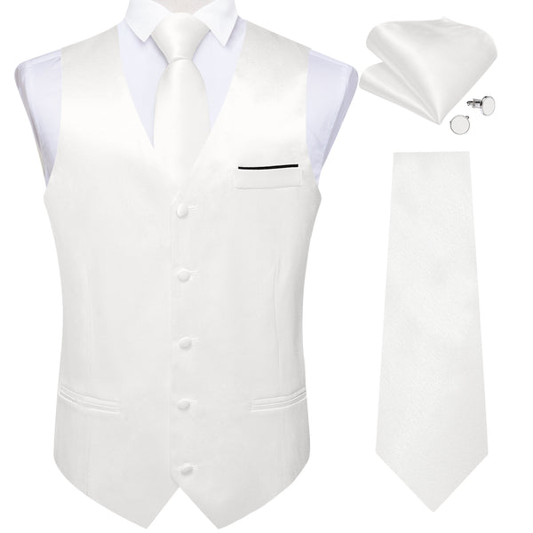 White Solid Shining Silk Men Vest Necktie Bow Tie Handkerchief Cufflinks Set