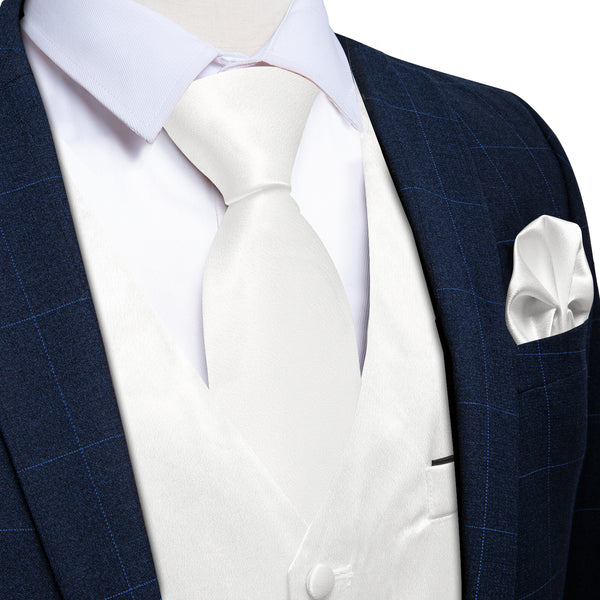 New White Solid Silk Formal Men's Vest Hanky Cufflinks Tie Set