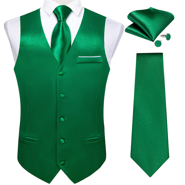 Green Solid Shining Silk Men Vest Necktie Bow Tie Handkerchief Cufflinks Set