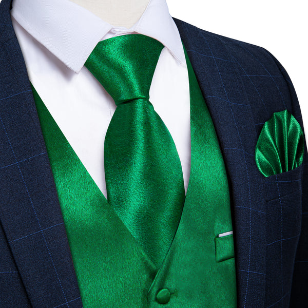 Green Solid Shining Silk Formal Men's Vest Hanky Cufflinks Tie Set