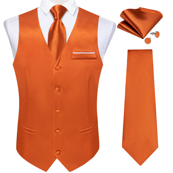 Orange Solid Shining Silk Men Vest Necktie Bow Tie Handkerchief Cufflinks Set