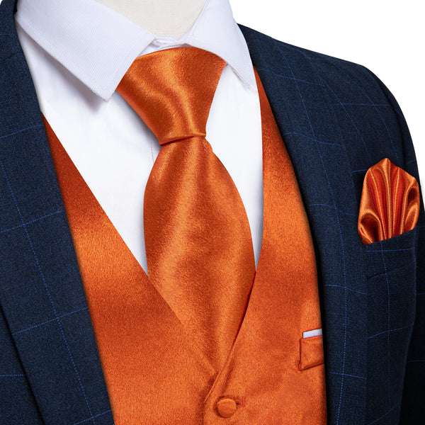 New Orange Solid Shining Silk Formal Men's Vest Hanky Cufflinks Tie Set