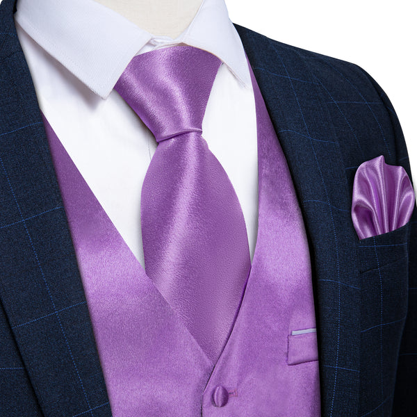 New Light Purple Solid Shining Silk Formal Men's Vest Hanky Cufflinks Tie Set