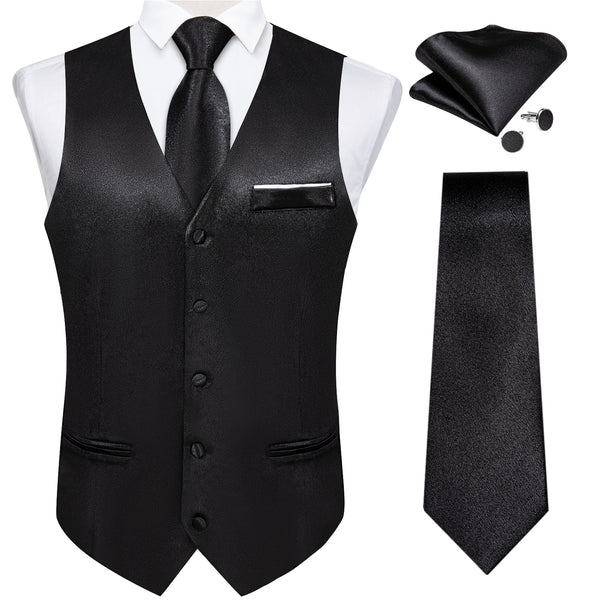 Classic Black Solid Shining Silk Men Vest Necktie Bow Tie Handkerchief Cufflinks Set