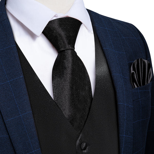 New Black Solid Shining Silk Formal Men's Vest Hanky Cufflinks Tie Set