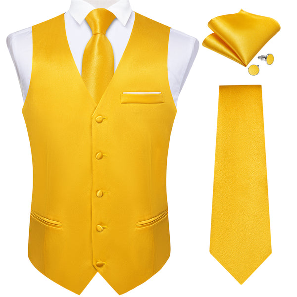 Brilliant Yellow Solid Shining Silk Men Vest Necktie Bow Tie Handkerchief Cufflinks Set