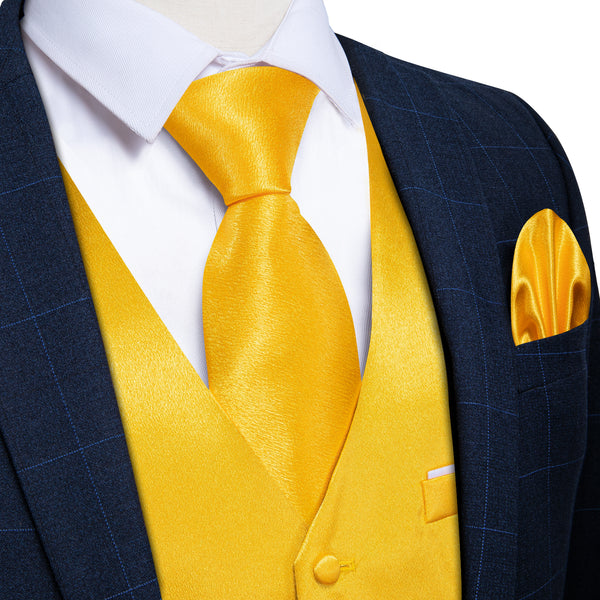 Brilliant Yellow Solid Shining Silk Formal Men's Vest Hanky Cufflinks Tie Set