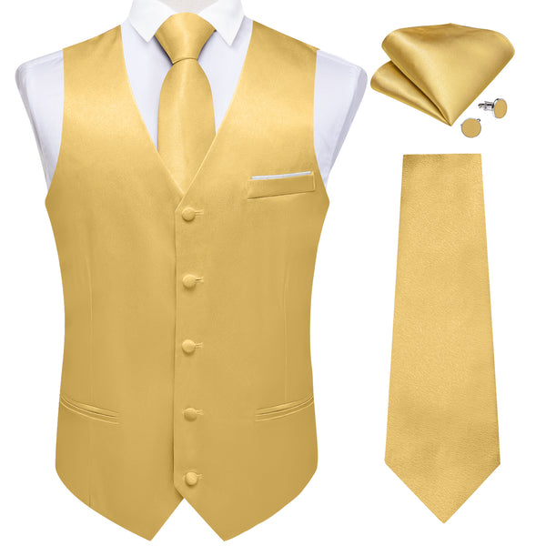 Light Yellow Solid Shining Silk Men Vest Necktie Bow Tie Handkerchief Cufflinks Set