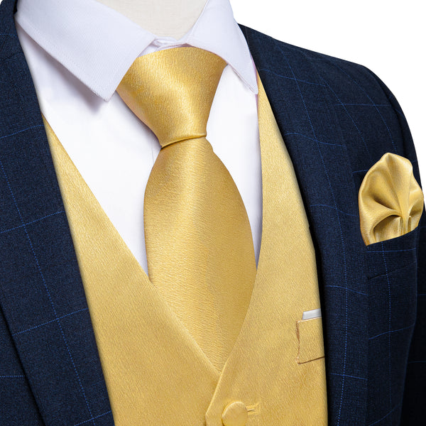 Light Yellow Solid Shining Silk Formal Men's Vest Hanky Cufflinks Tie Set