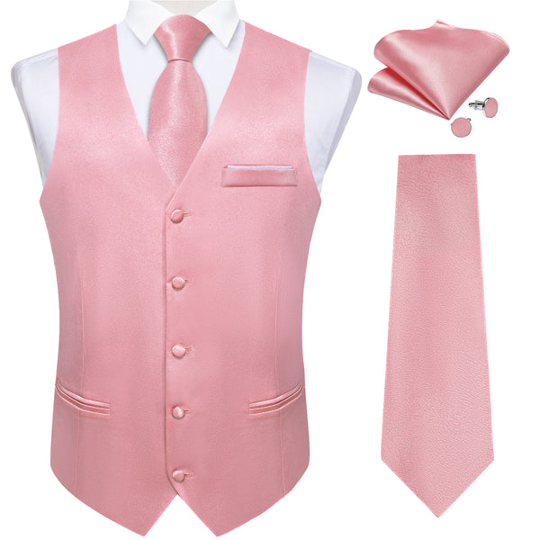Baby Pink Solid Shining Silk Men Vest Necktie Bow Tie Handkerchief Cufflinks Set