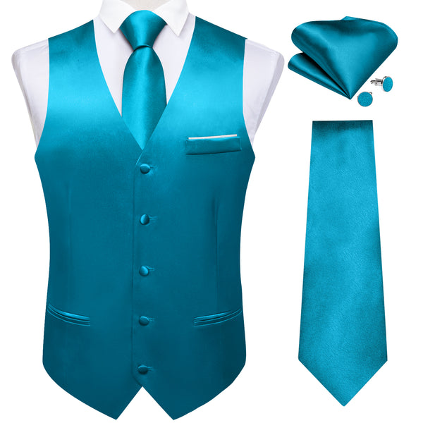 Classic Blue Solid Shining Silk Men Vest Necktie Bow Tie Handkerchief Cufflinks Set