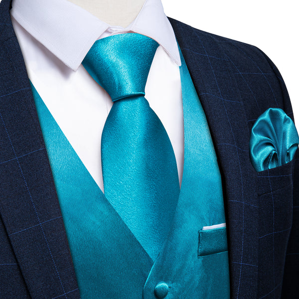 Blue Solid Shining Silk Formal Men's Vest Hanky Cufflinks Tie Set