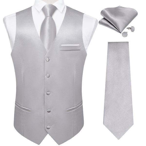 Classic Silver Solid Shining Silk Men Vest Necktie Bow Tie Handkerchief Cufflinks Set