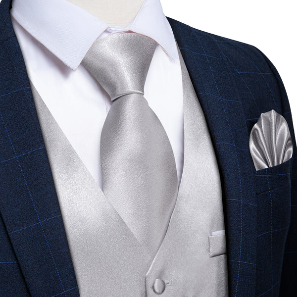 New Silver Solid Shining Silk Formal Men's Vest Hanky Cufflinks Tie Set