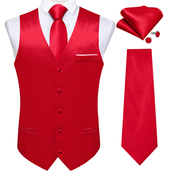 Classic Red Solid Shining Silk Men Vest Necktie Bow Tie Handkerchief Cufflinks Set